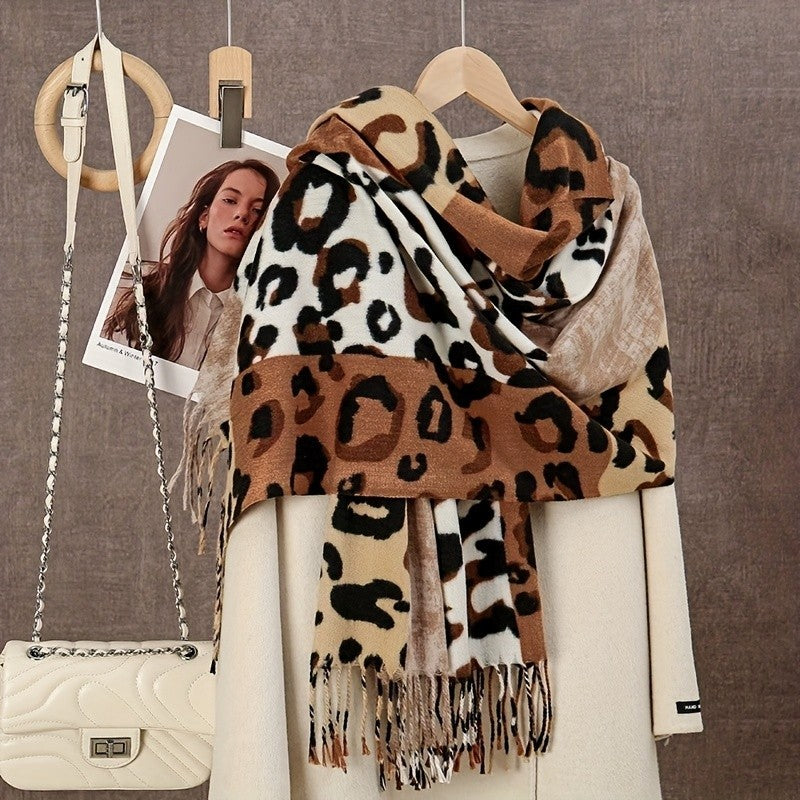 Patchwork Leopard Animal Print Scarf Shawl Oversized Cozy Tassel Wrap Winter