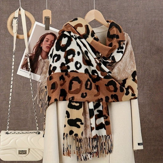Patchwork Leopard Animal Print Scarf Shawl Oversized Cozy Tassel Wrap Winter