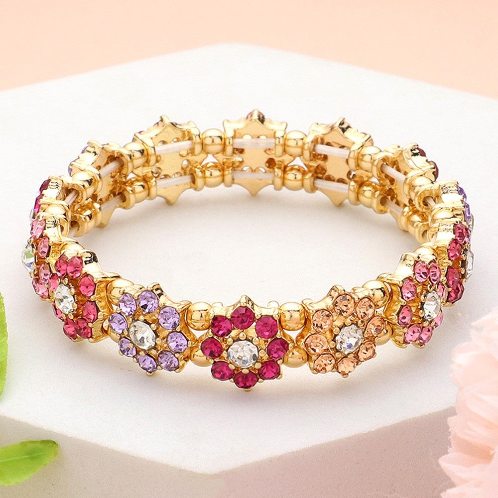 Gold Floral Crystal Stretch Bracelet with Multi-Color Rhinestones, 0.5 Inch