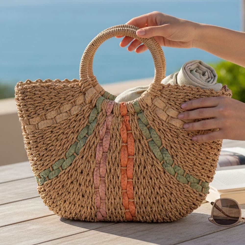 Natural Straw Woven Tote Bag Colorful Striped Accents Round Handle