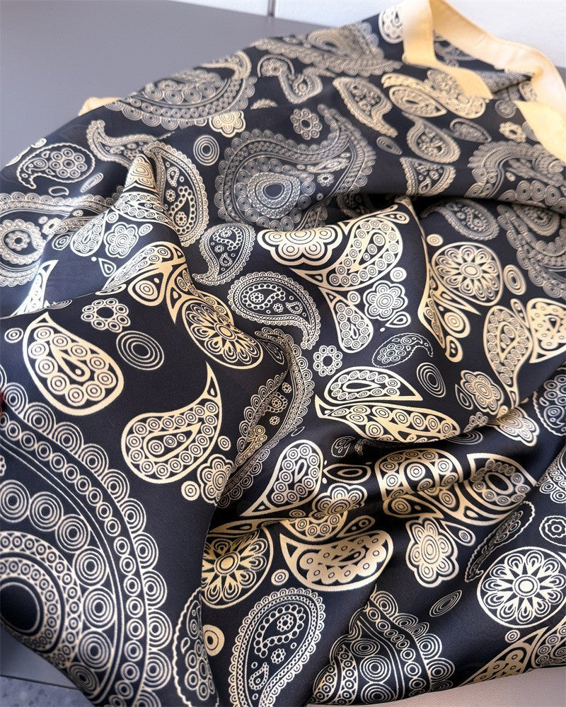 Elegant Black Gold Paisley Silk Feel Scarf Shawl Large Square Vintage Style
