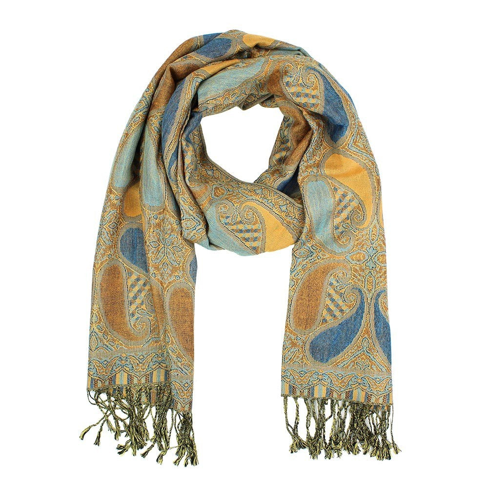2X Reversible Paisley Pashmina Shawl Set Mustard Gold Teal Blue Scarf Wrap Boho