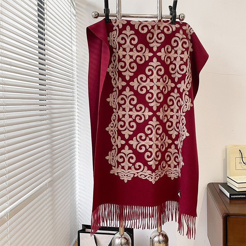Boho Burgundy Floral Embroidered Pashmina Scarf Soft Cashmere Feel Wrap 73x26"