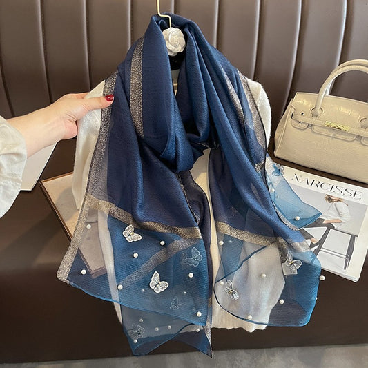 Blue Butterfly Pearl Scarf  Silk Wool Blend Sheer Wrap Shawl