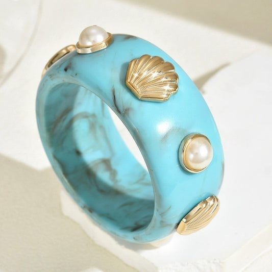Vintage Resin Pearl Shell Bangle Wide Geometric Bracelet Women Men Gift Jewelry