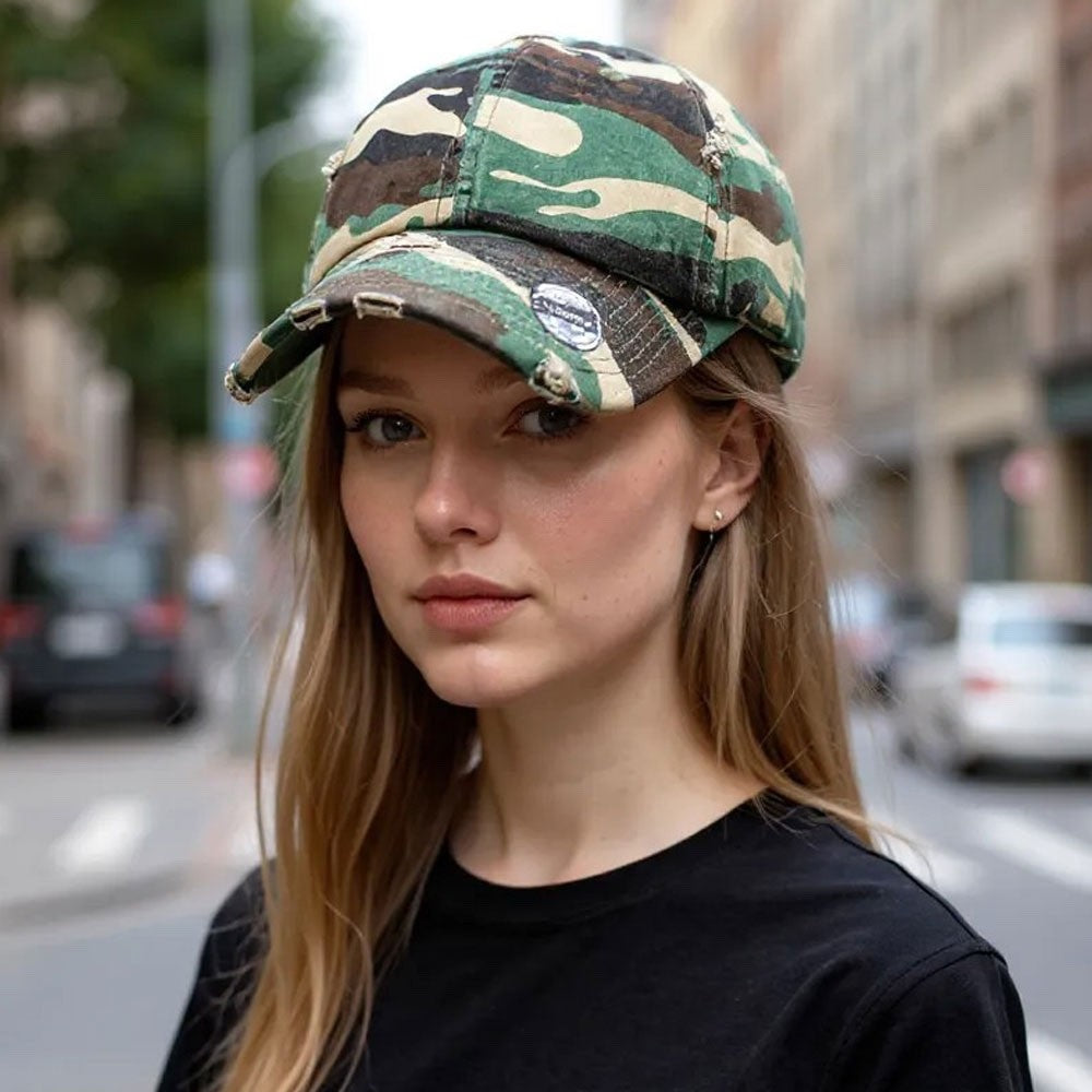 Distressed Woodland Camo Baseball Cap - Vintage Washed Camouflage Dad Hat