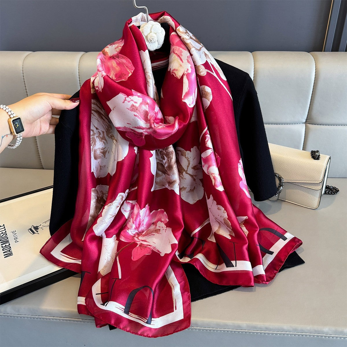 Red Floral Silk Feel Scarf Large Shawl Wrap Elegant Long Fashion Headscarf