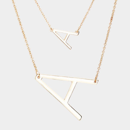 2-Row Layered Monogram Chain Necklace Letter A Pendant Detachable Jewelry