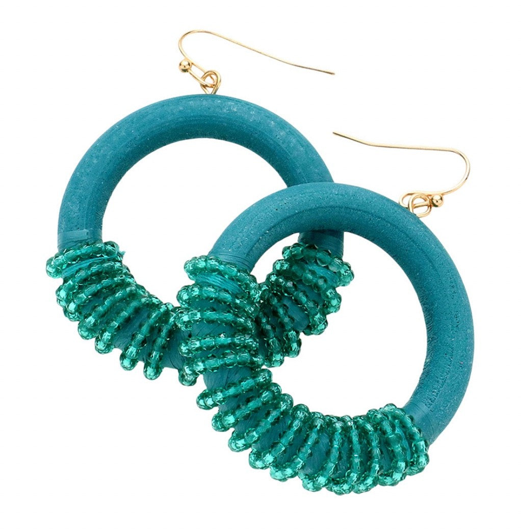 Boho Teal Wood and Seed Bead Hoop Earrings Chic Coastal Statement Jewelry Gift