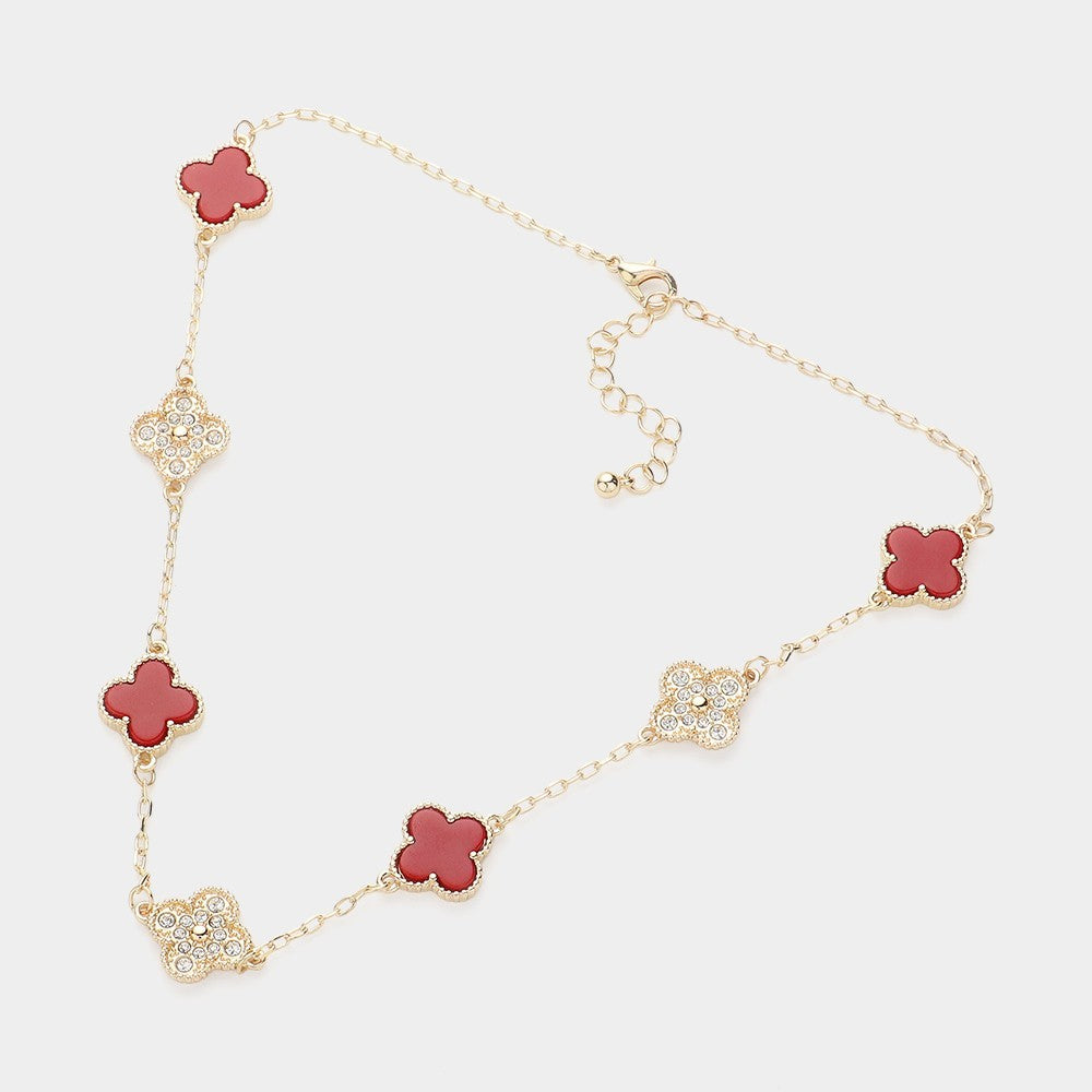 Luck & Love 2PC Clover Charm Necklace Set Gold Tone Red & White Jewelry Gift