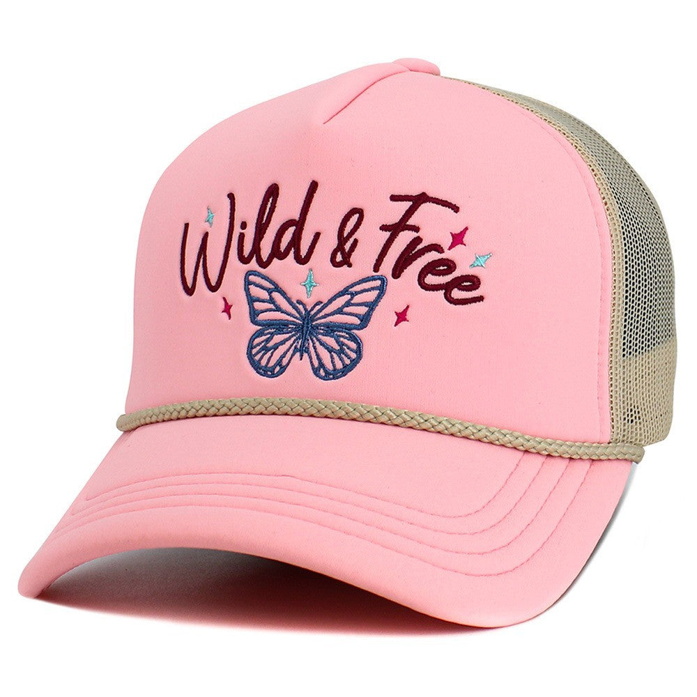 Embroidered Butterfly WILD & FREE Message Trucker Hat Pink Beige Mesh Back