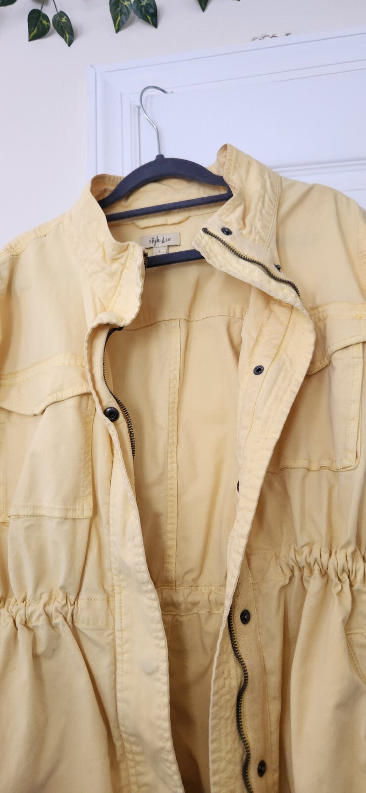 Style & Co Yellow Twill Jacket Large Waterproof Zip Up Drawstring Waist Raincoat