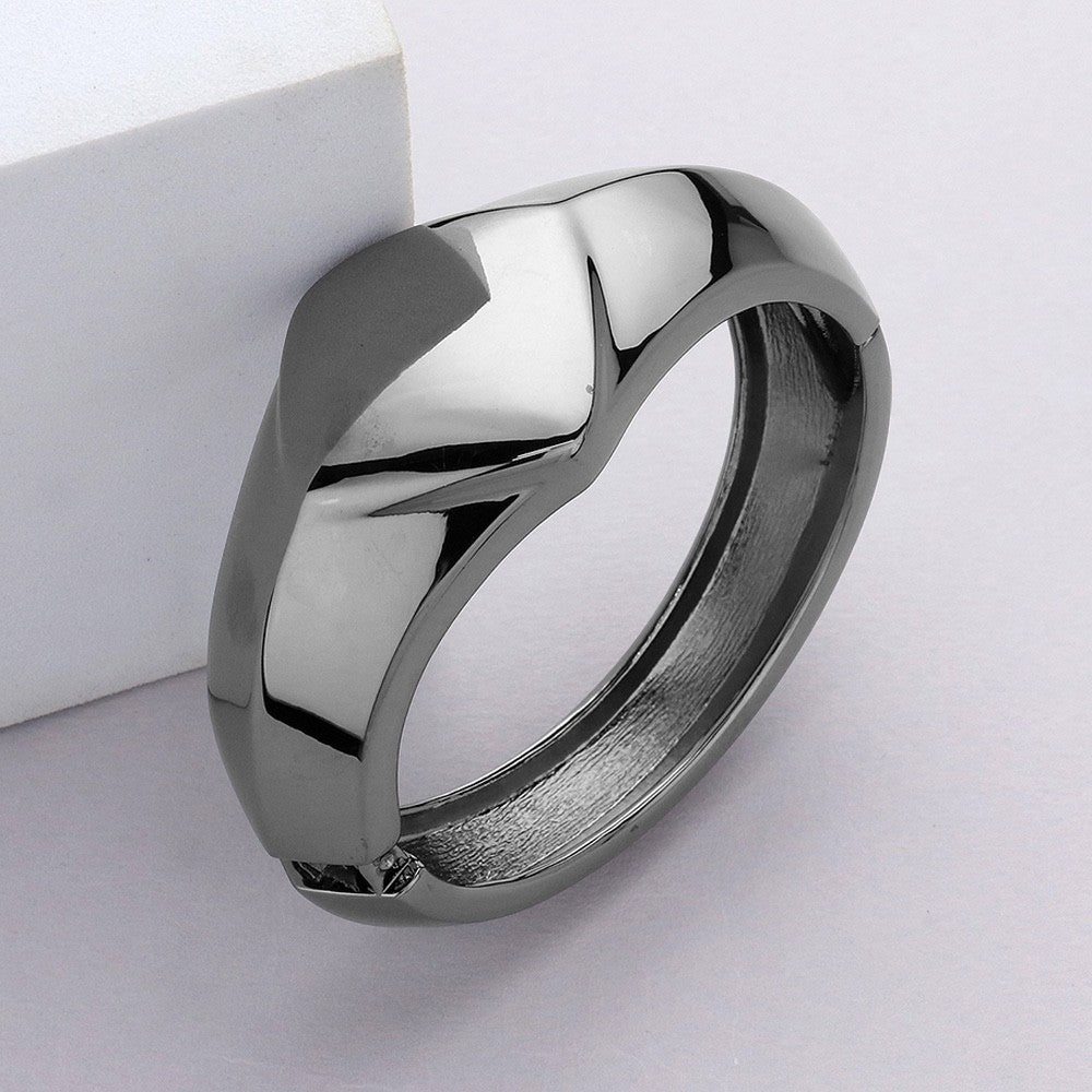 Gunmetal Sculptural Geometric Hinged Bangle - Bold Modern Statement Cuff