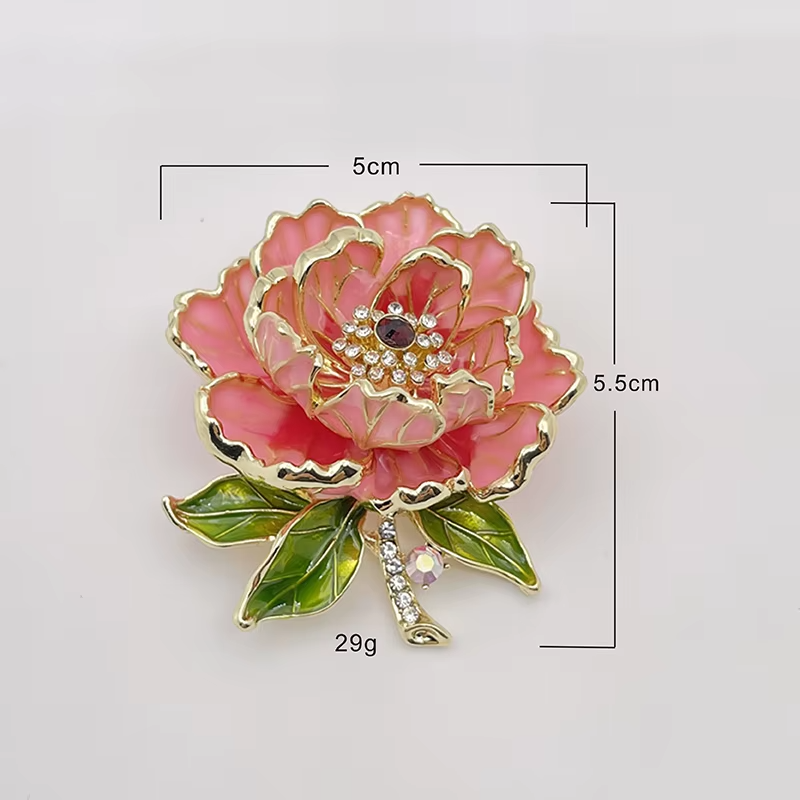 Elegant Large Pink Peony Flower Brooch Pin Gold Tone & Rhinestone Jewelry