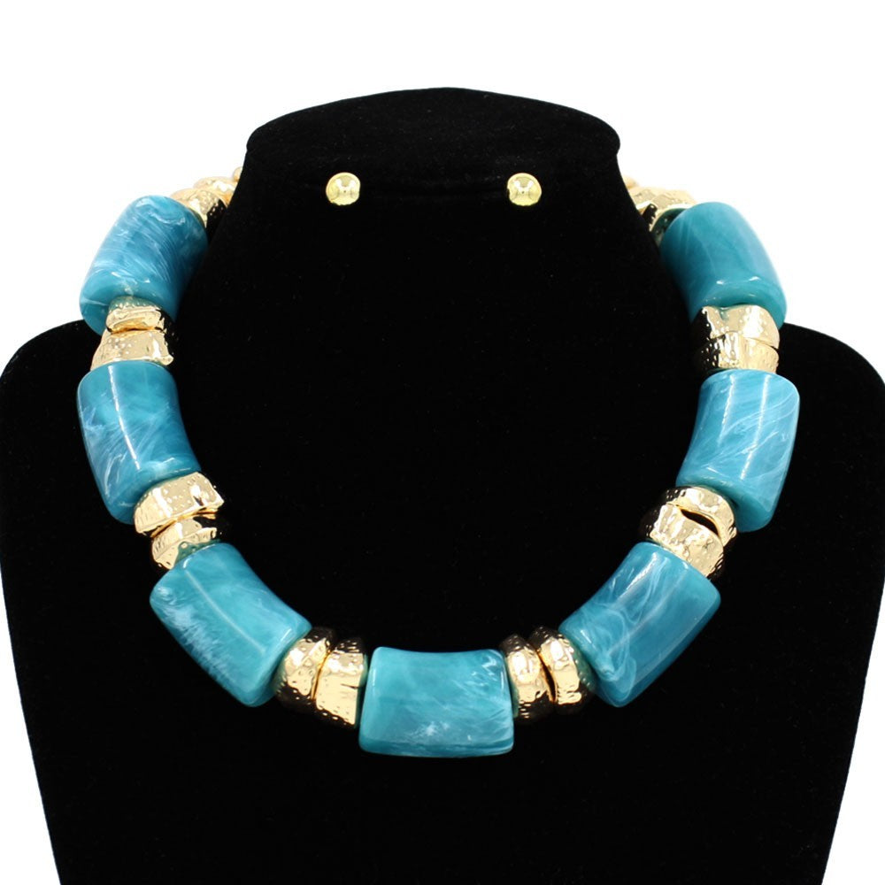 Chunky Turquoise & Gold Statement Necklace Set Boho Resin Bead Stud Earrings