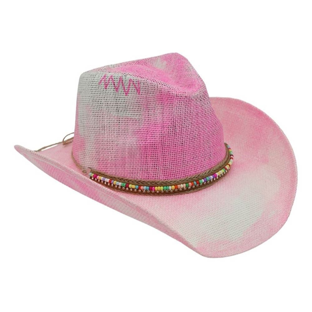 Pink and White Tie Dye Straw Cowboy Hat with Colorful Beaded Band and Zigzag Det