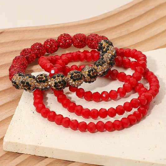 4pc Red Beaded Stretch Bracelet Stack Leopard Print Pave Rhinestone Disco Balls