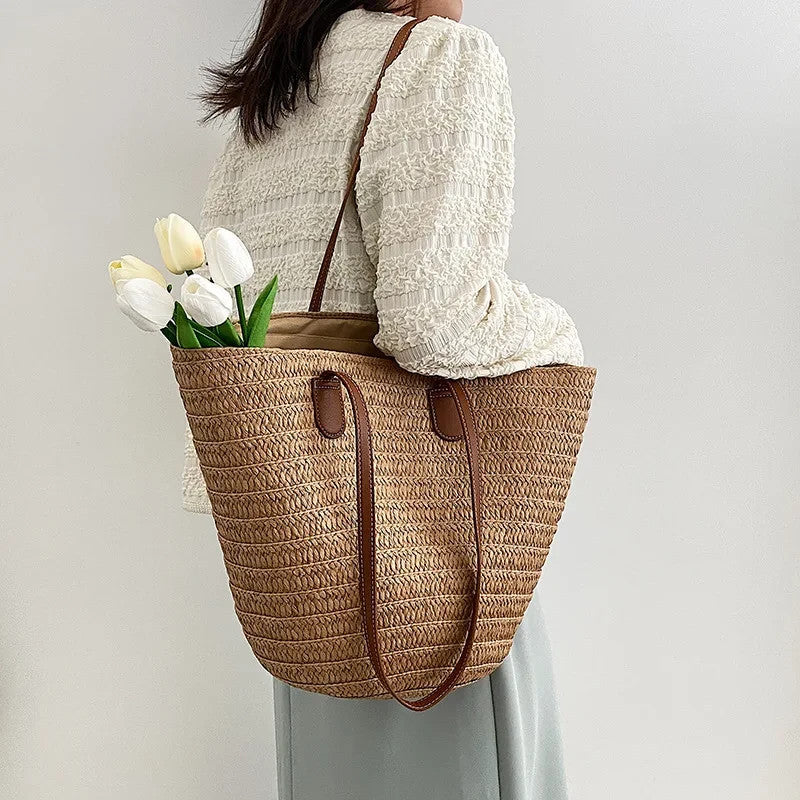 Women’s Medium Capacity Paper Woven Shoulder Bag Summer Basket Handbag Brown