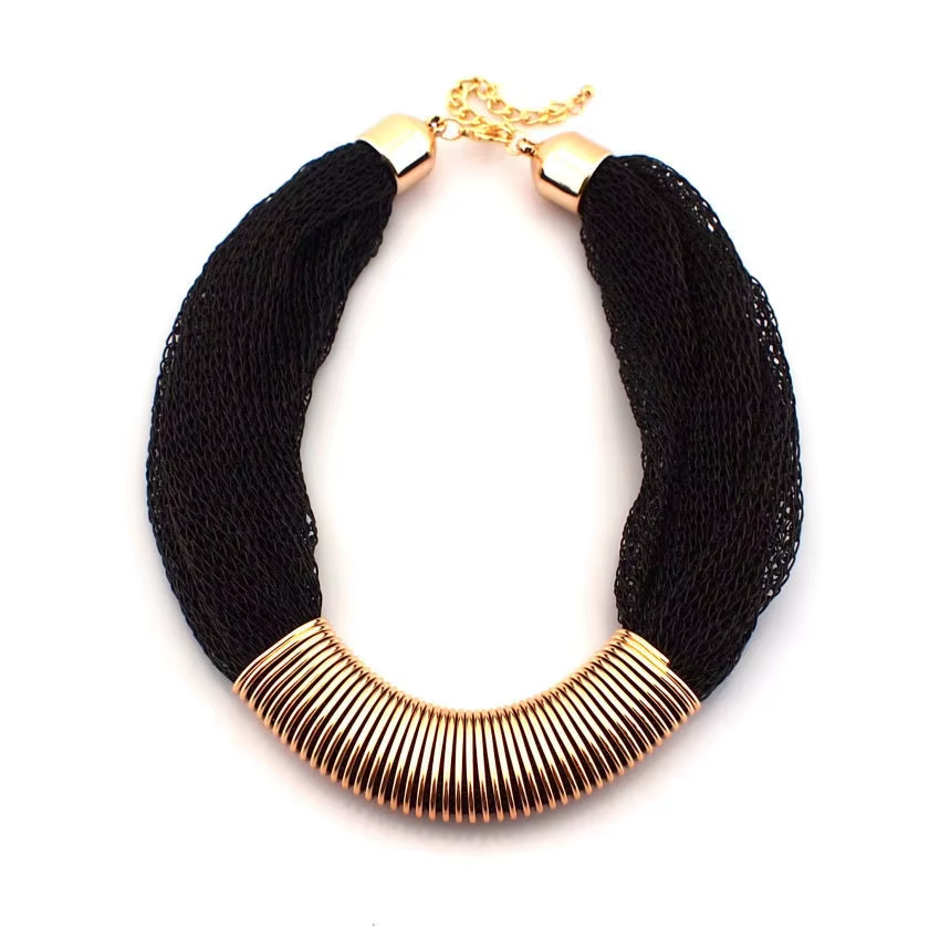 Chunky Black Mesh Net Statement Necklace Gold Coil Collar Choker Fashion Jewelry