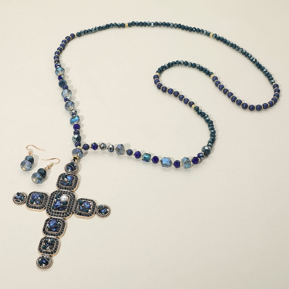 Stone Pearl Embellished Cluster Cross Pendant Faceted Beaded Long Necklace