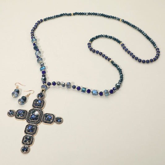 Stone Pearl Embellished Cluster Cross Pendant Faceted Beaded Long Necklace