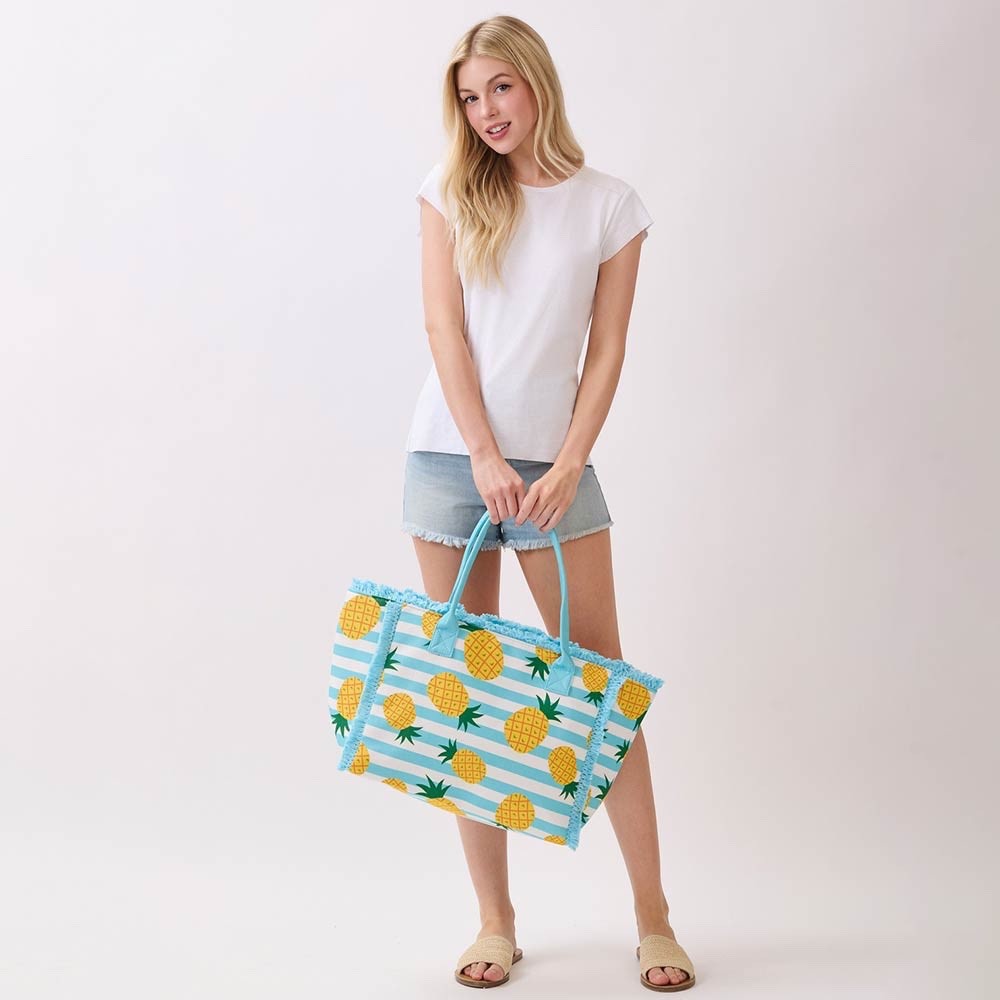 Pineapple Print Striped Canvas Tote Bag with Frayed Trim & Shoulder Straps