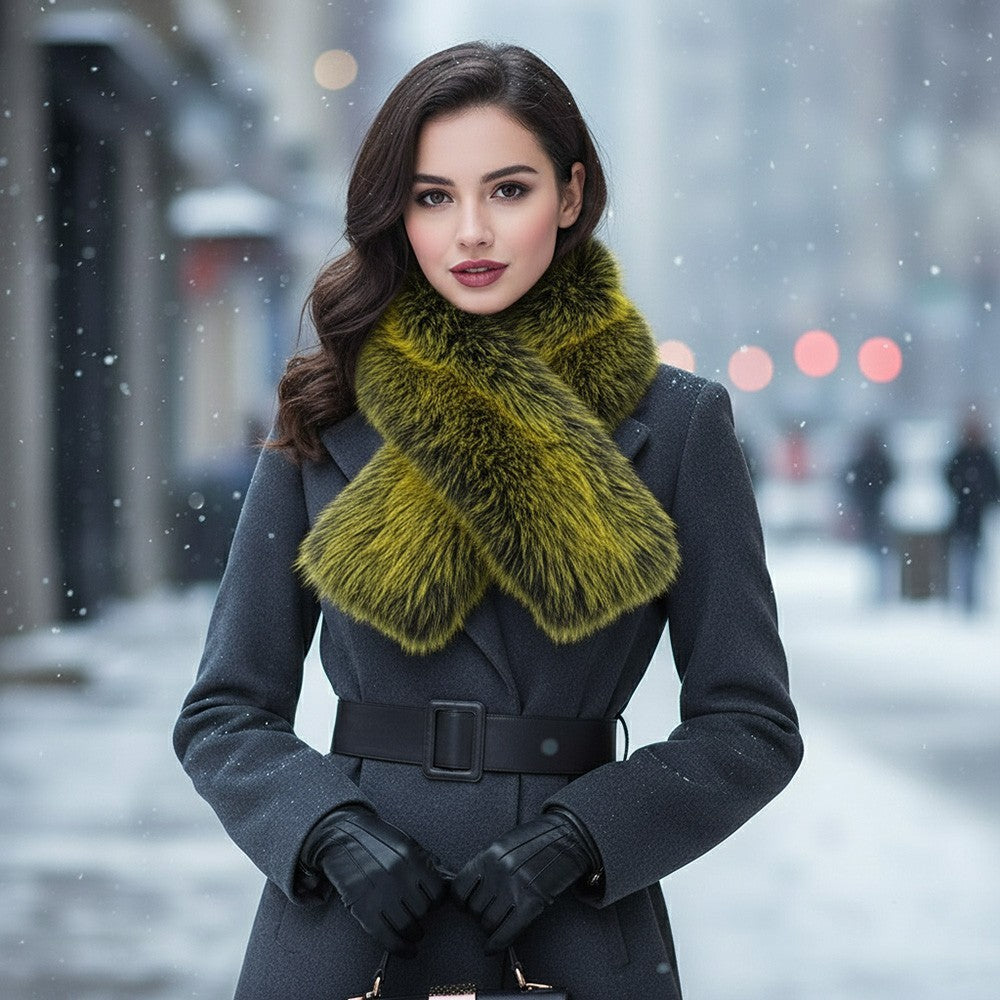 Women's Plush Faux Fur Warm Winter Scarf Shoulder Wrap Green & Black 5.5" X 38"