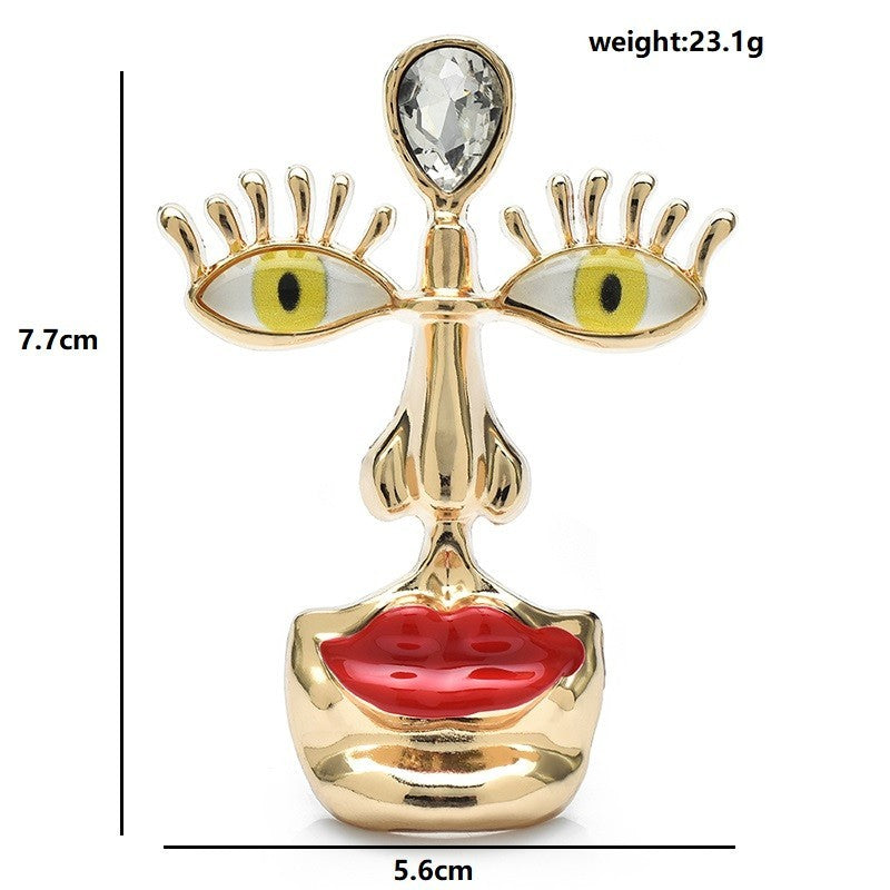 Gold Abstract Face Brooch Pin Red Lips Yellow Eyes Crystal Modern Art Statement