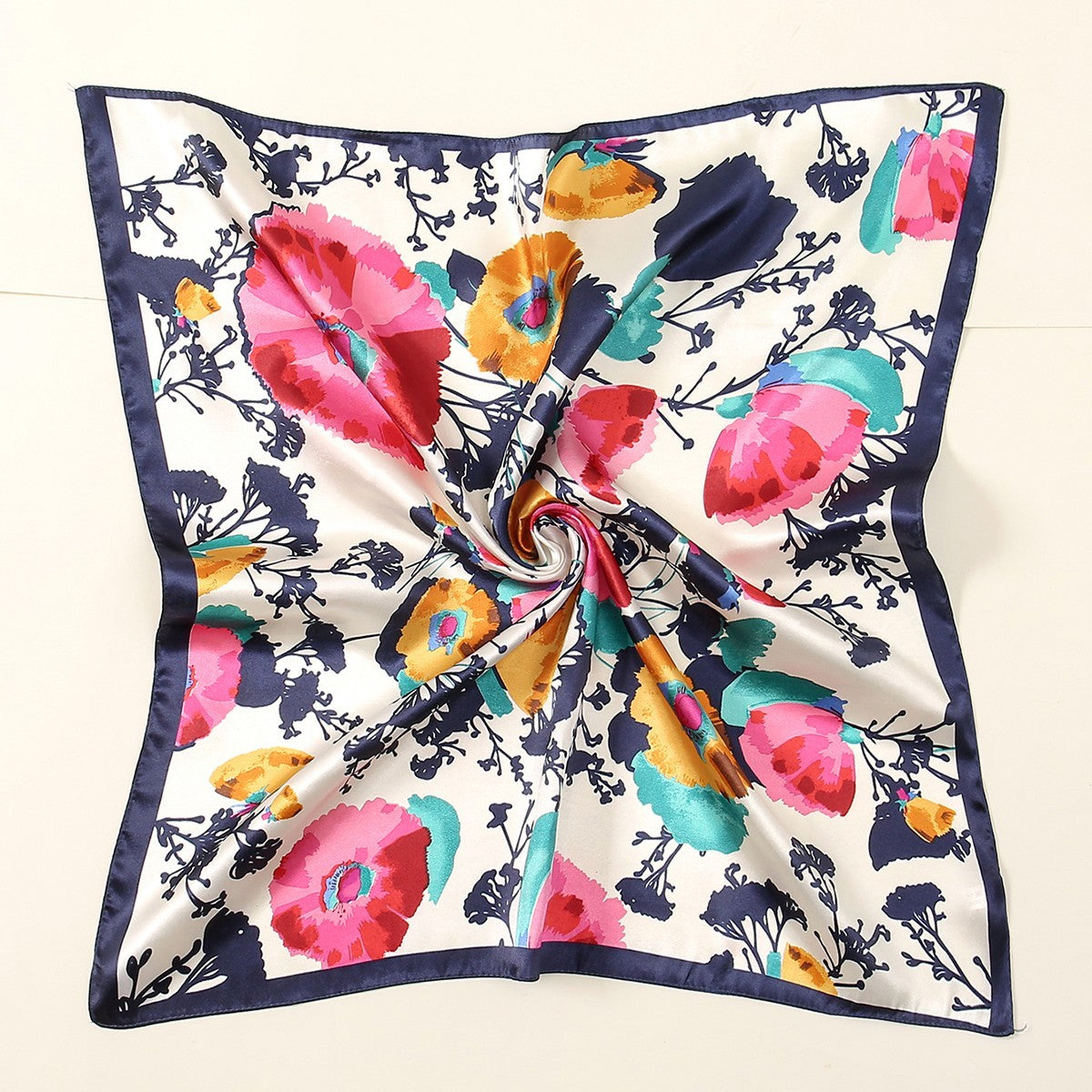 Satin Floral Print Square Scarf – Neckerchief Bandana Hair Tie Headband Handbag