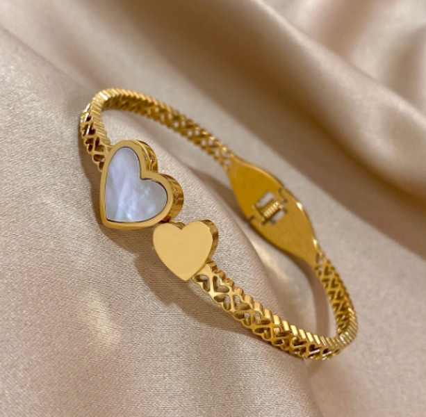 Stainless Steel Gold Double Heart Cuff Bangle Inlaid Shell Bracelet for Women