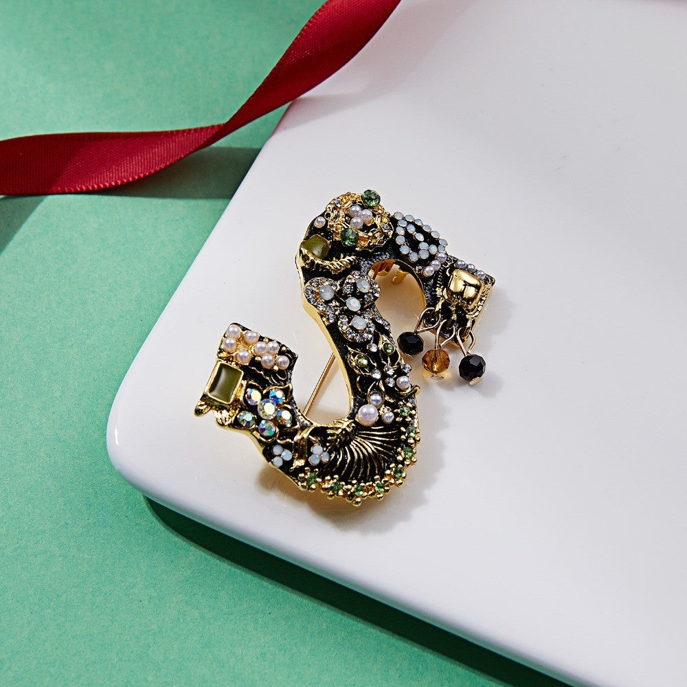 Vintage Initial S Brooch Crystal Pearl Letter S Pin Gold Tone Fashion Jewelry