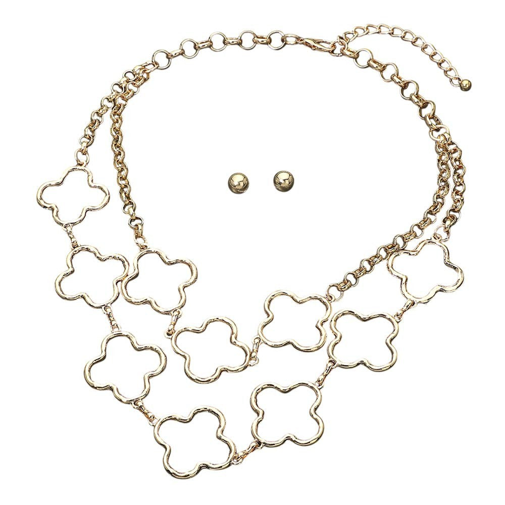 2pcs Gold Tone Double Layer Clover Cutout Statement Necklace Earring Set
