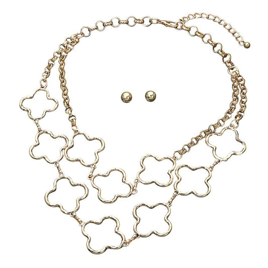 2pcs Gold Tone Double Layer Clover Cutout Statement Necklace Earring Set