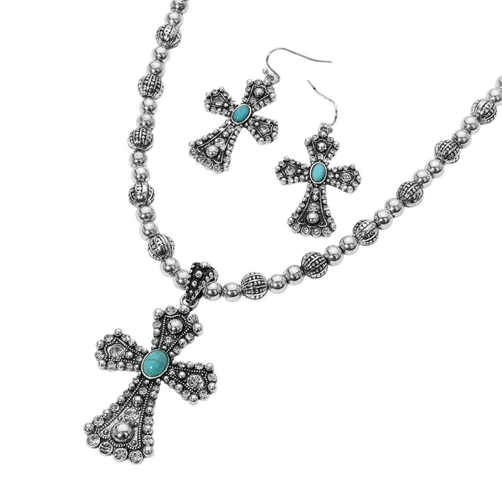 Turquoise Cross Pendant Necklace for Women Antique Silver Chain with Glass Stone