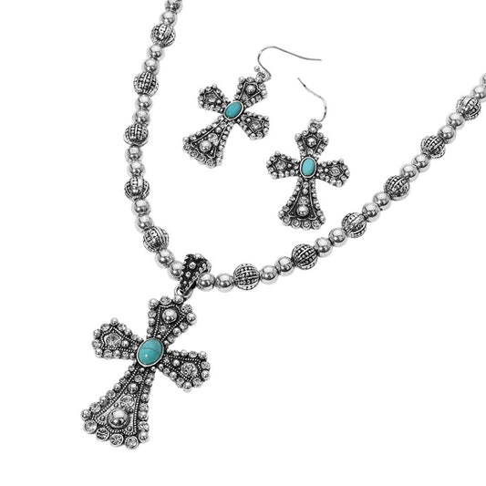 Turquoise Cross Pendant Necklace for Women Antique Silver Chain with Glass Stone