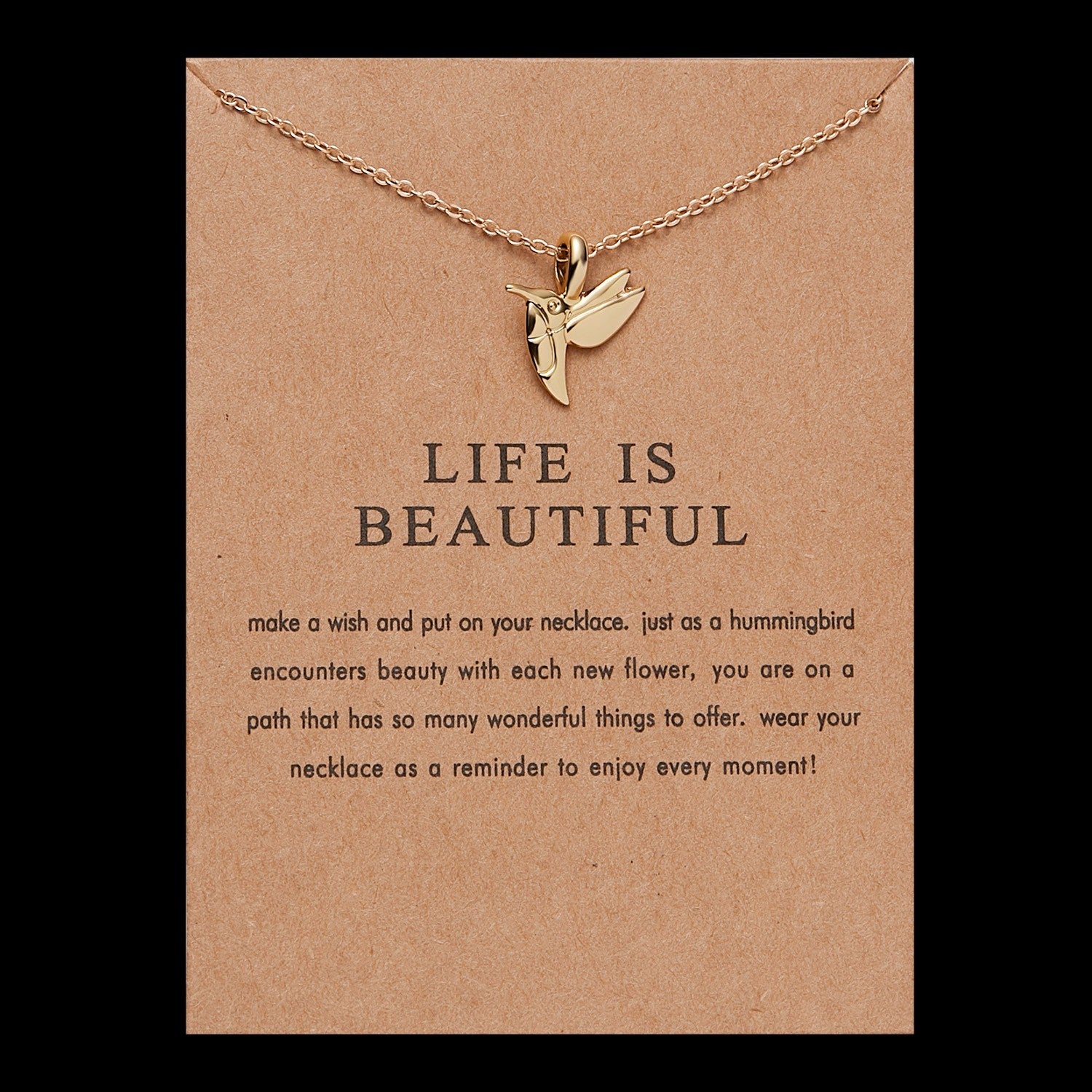 Gold Hummingbird Necklace 'Life is Beautiful' Pendant Charm Gift for Women Girls