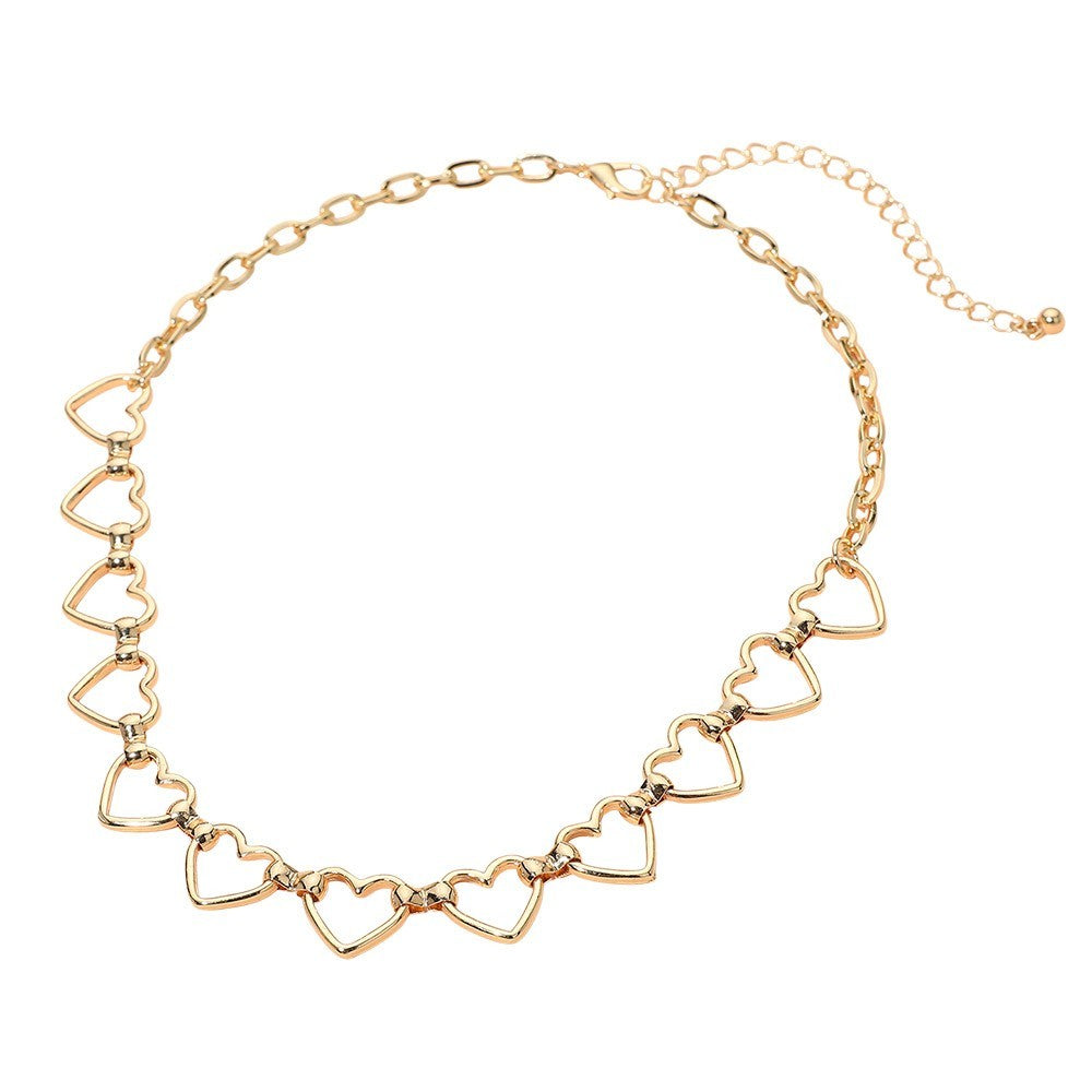 Open Metal Heart Link Chain Choker Necklace for Women Lobster Clasp Gold Tone