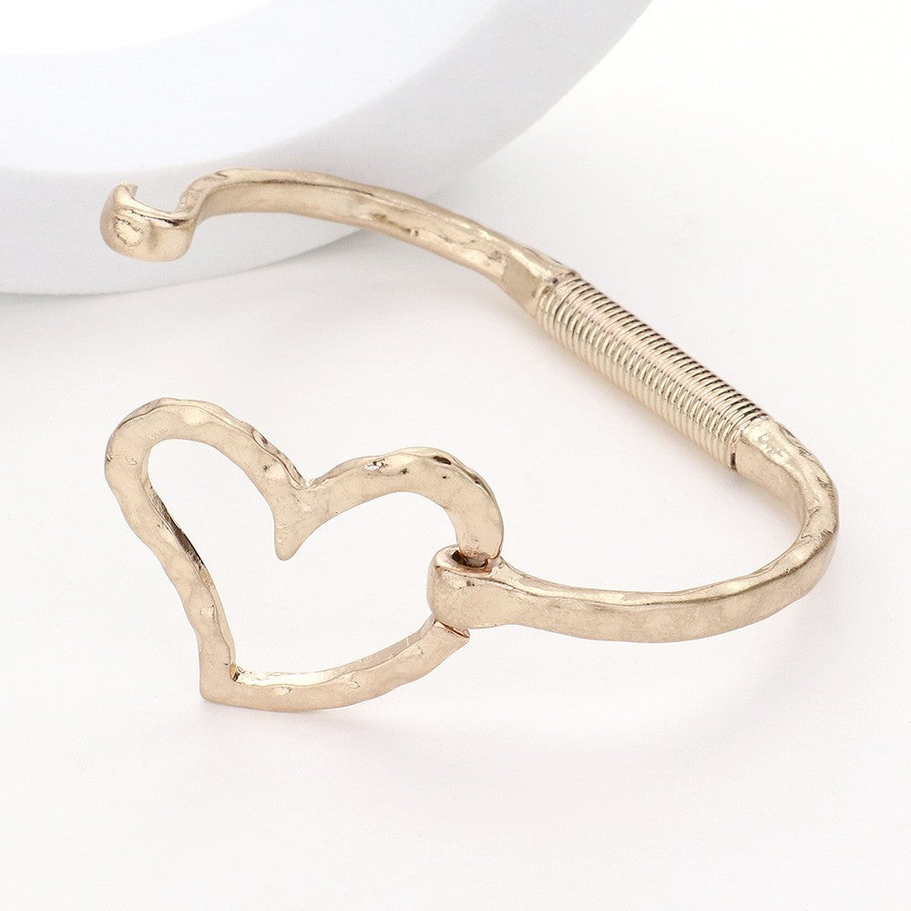 2PCS Hammered Metal Open Heart Hook Bangle Bracelet Set Gold Silver Tone