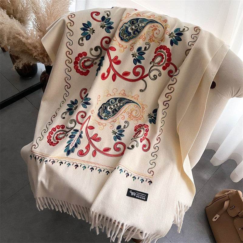 3pcs Embroidered Cashmere Pashmina Shawl Scarf Set Black Cream Red