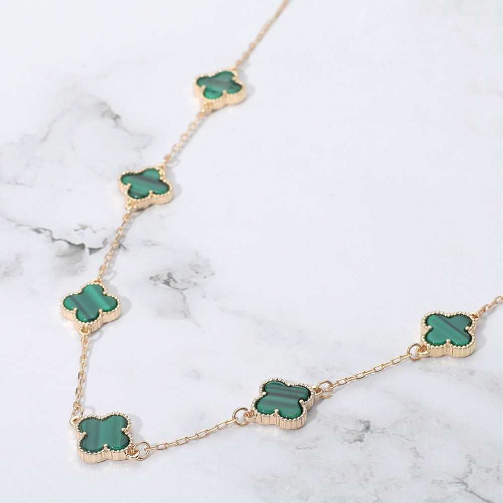Gold Quatrefoil Station Necklace with Emerald Green Stones Elegant Jewelry Gift