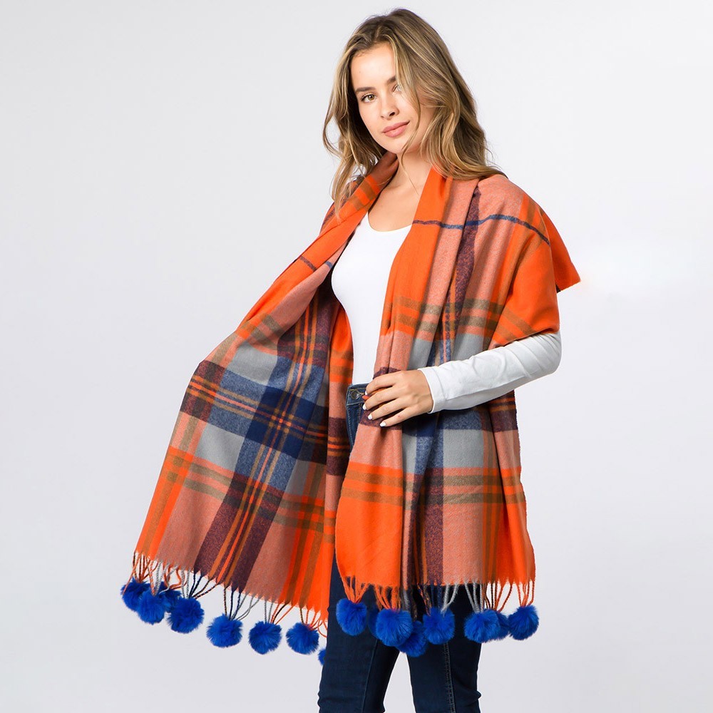 Faux Fur Pom Pom Plaid Scarf with Tassels Winter Warm Cozy Wrap for Women