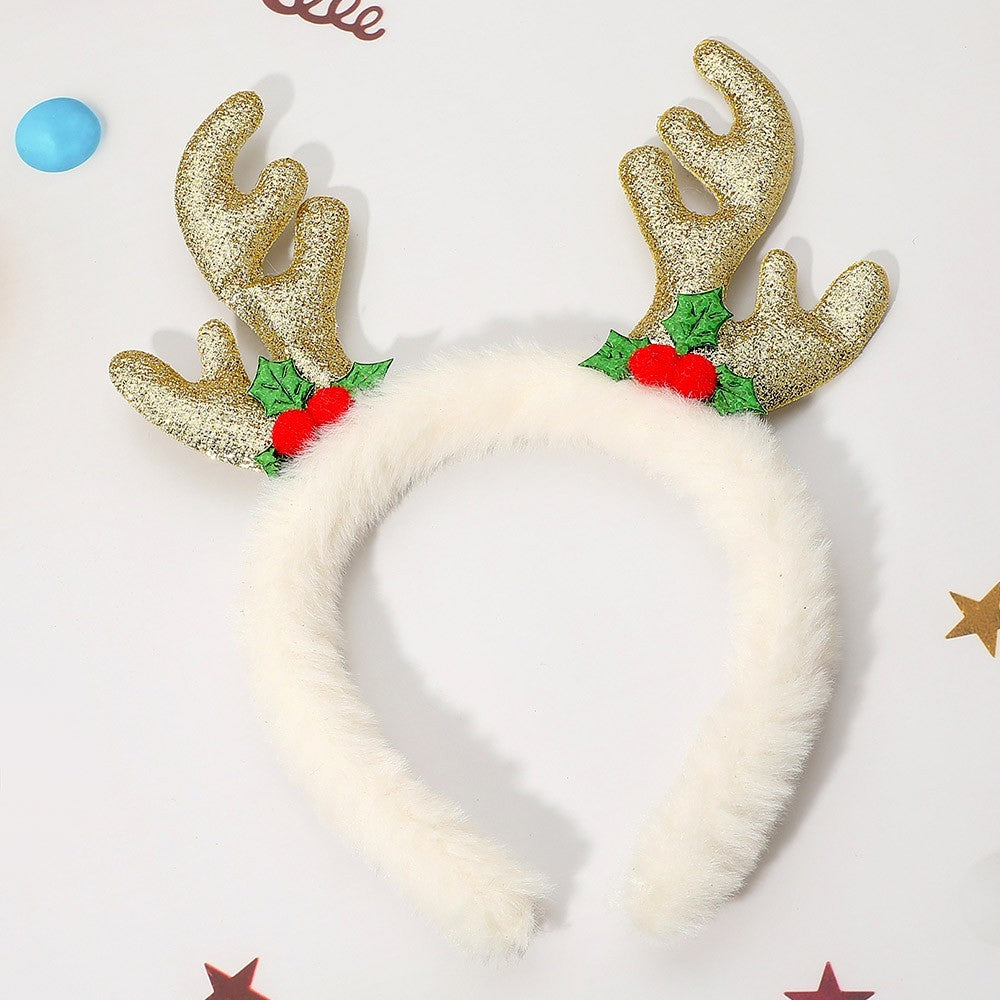 3pcs White Faux Fur Reindeer Antler Headbands Gold Glitter Holly Berry Christmas