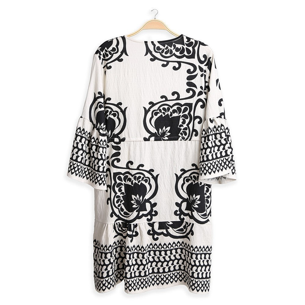 Boho Embroidered Tunic Summer Dress Loose Fit V-Neck Short Sleeve Beach Wear