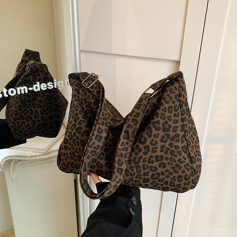 Trendy Leopard Print Canvas Shoulder Bag Adjustable Strap Tote Purse Handbag