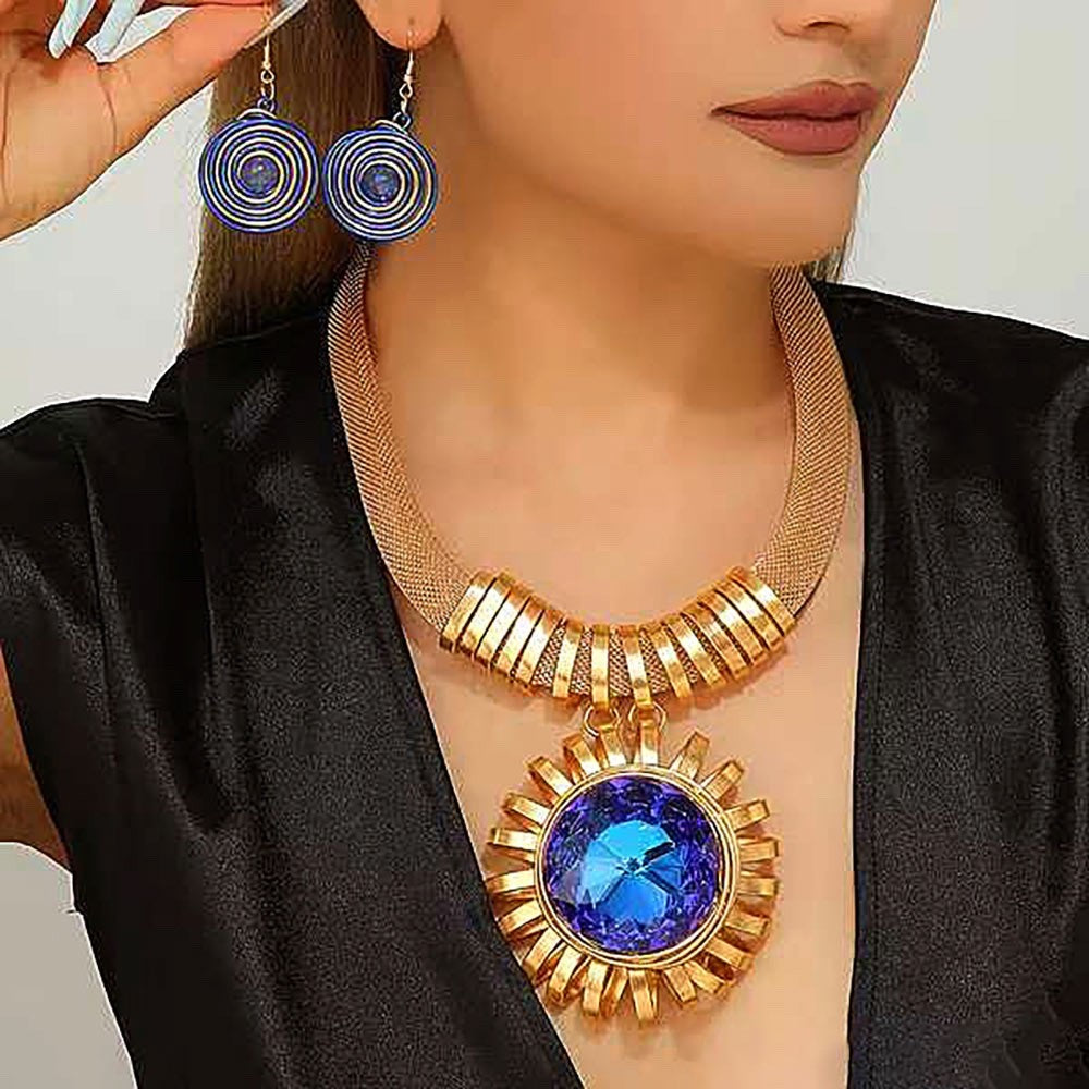 2pc Gold Mesh Collar Necklace Set Blue Crystal Pendant Swirl Drop Earrings Set