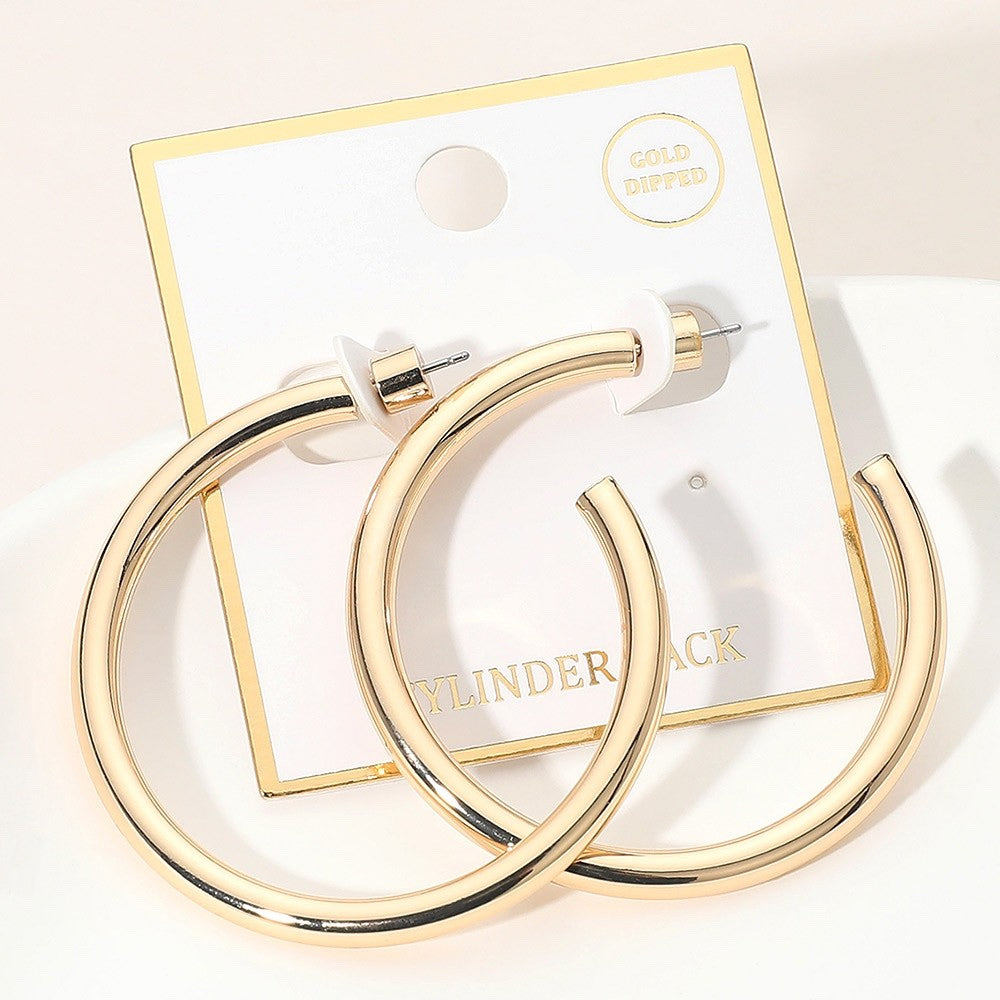 Gold Dipped Thick Metal Hoop Earrings with Cylinder Back Closure - 2 Inch Hoops