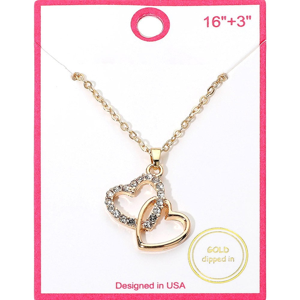 Gold Dipped Interlocking Heart Necklace Crystal Rhinestone Love Pendant