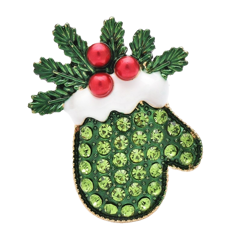 Rhinestone Christmas Mitten Brooch Pin Enamel Green Red Gold Tone Holiday Jewelr