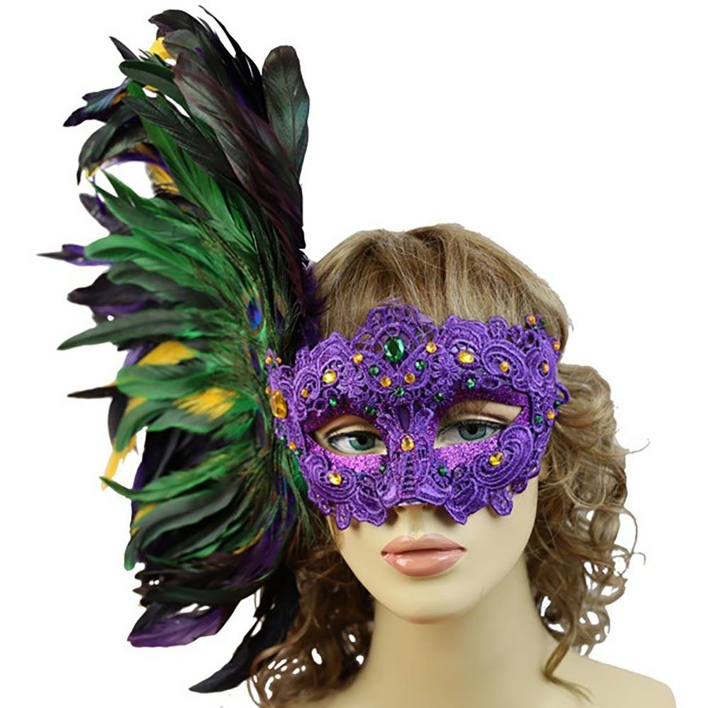 One Size Mardi Gras Lace Masquerade Venetian Party Feather Mask for Women Multi