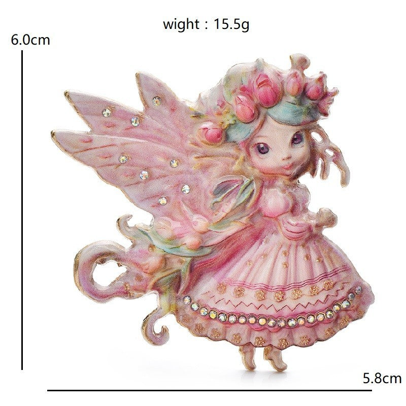 Pink Fairy Brooch Enamel Rhinestone Pin Fantasy Dress Clip Gift 2.36"